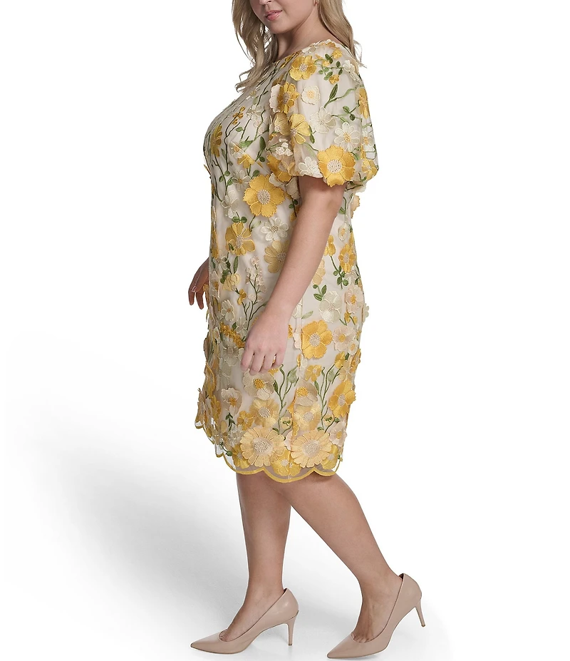 Eliza J Plus Size 3D Floral Mesh Crew Neck Puff Sleeve Sheath Dress