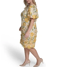 Eliza J Plus Size 3D Floral Mesh Crew Neck Puff Sleeve Sheath Dress