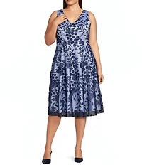Eliza J Plus Size 3D Floral Mesh V-Neck Sleeveless Fit And Flare Midi Dress