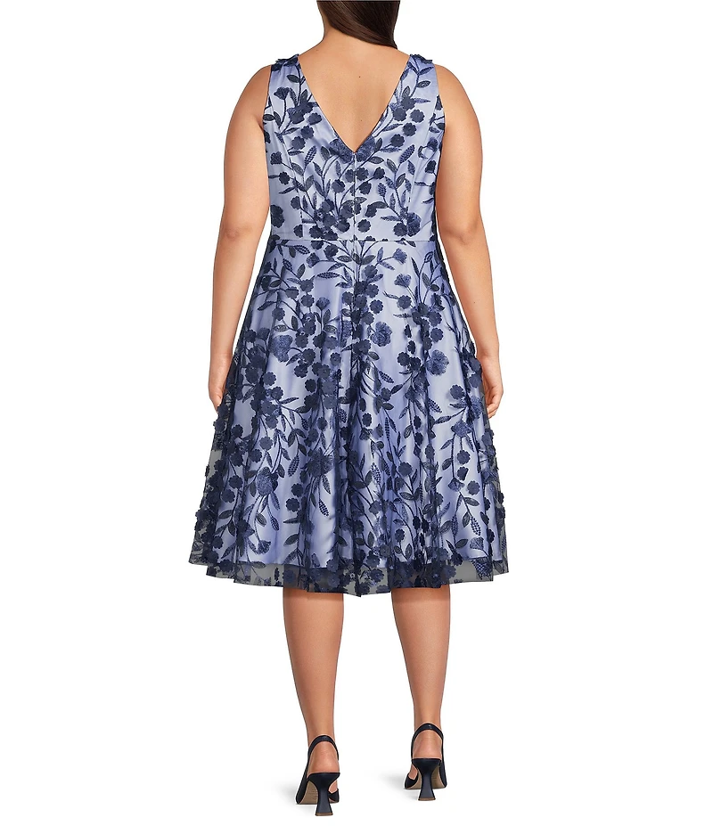 Eliza J Plus Size 3D Floral Mesh V-Neck Sleeveless Fit And Flare Midi Dress