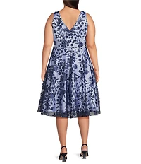 Eliza J Plus Size 3D Floral Mesh V-Neck Sleeveless Fit And Flare Midi Dress