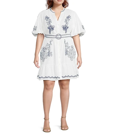 Eliza J Plus Size Embroidered Split V-Neckline Short Sleeve Shirt Dress