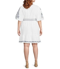 Eliza J Plus Size Embroidered Split V-Neckline Short Sleeve Shirt Dress