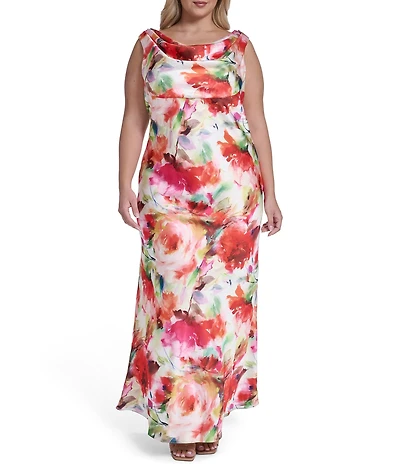 Eliza J Plus Size Floral Print Cowl Neck Sleeveless Gown