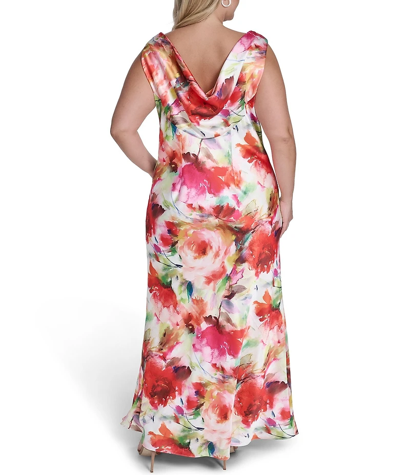 Eliza J Plus Size Floral Print Cowl Neck Sleeveless Gown