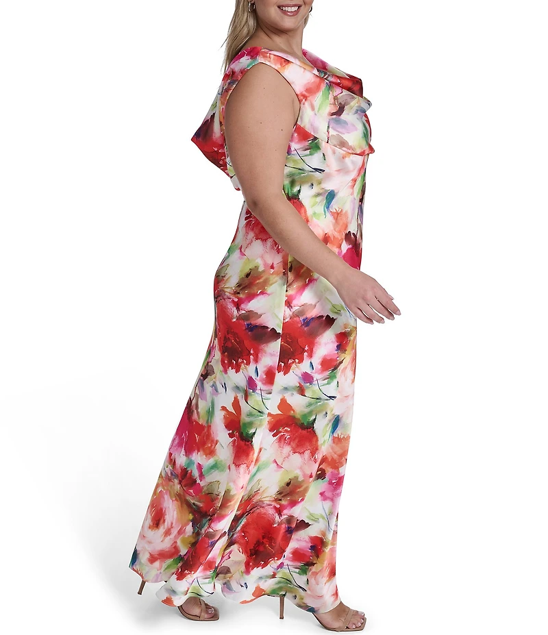 Eliza J Plus Size Floral Print Cowl Neck Sleeveless Gown