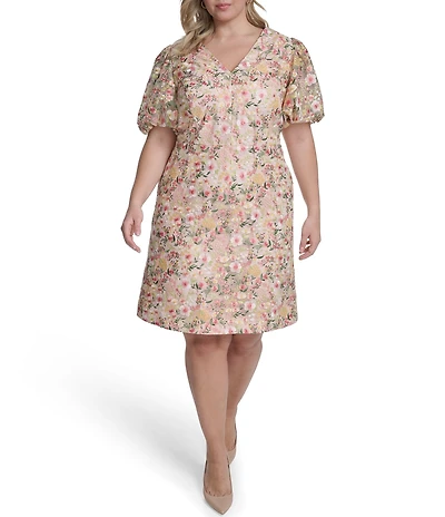 Eliza J Plus Size Floral Print V-Neck Puff Sleeve Fit & Flare Dress