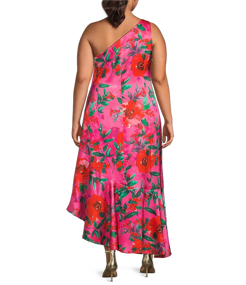 Eliza J Plus Size One Shoulder Sleeveless Ruffle Hem Floral Satin Midi Dress
