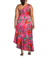 Eliza J Plus Size One Shoulder Sleeveless Ruffle Hem Floral Satin Midi Dress