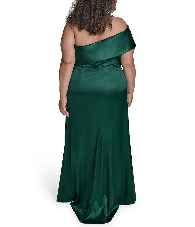 Eliza J Plus Size Satin Off The Shoulder Sleeveless Side Tucks Gown