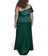 Eliza J Plus Size Satin Off The Shoulder Sleeveless Side Tucks Gown