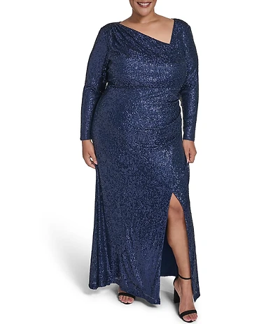 Eliza J Plus Size Sequin Long Sleeve Asymmetrical Neck Side Tuck Gown