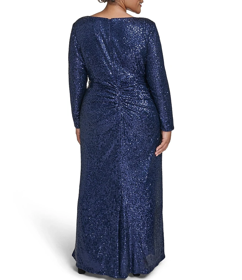 Eliza J Plus Size Sequin Long Sleeve Asymmetrical Neck Side Tuck Gown