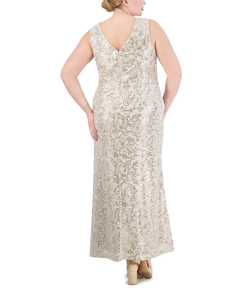 Eliza J Plus Size Sleeveless Boat Neck Front Gathered Ruffle Sequin Lace Gown