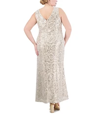 Eliza J Plus Size Sleeveless Boat Neck Front Gathered Ruffle Sequin Lace Gown