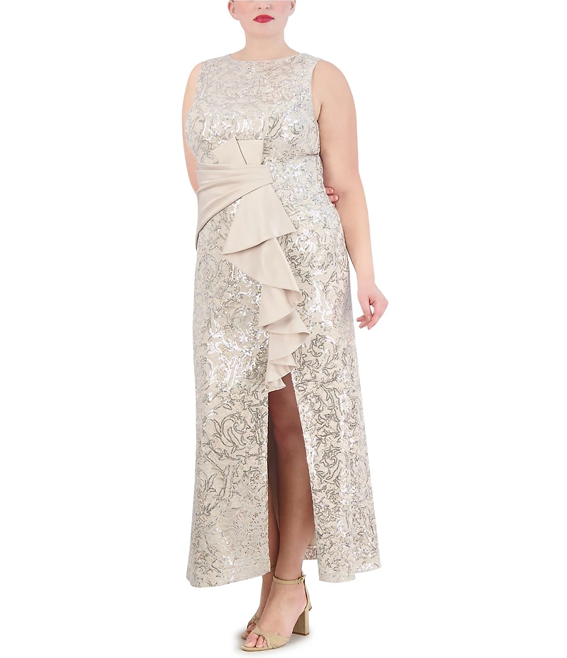 Eliza J Plus Size Sleeveless Boat Neck Front Gathered Ruffle Sequin Lace Gown