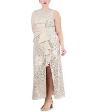 Eliza J Plus Size Sleeveless Boat Neck Front Gathered Ruffle Sequin Lace Gown