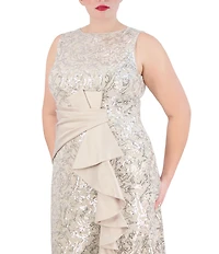 Eliza J Plus Size Sleeveless Boat Neck Front Gathered Ruffle Sequin Lace Gown