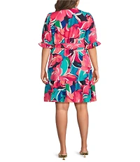 Eliza J Plus Size Smock Collar V-Neck Puff Sleeve Tiered Skirt Dress