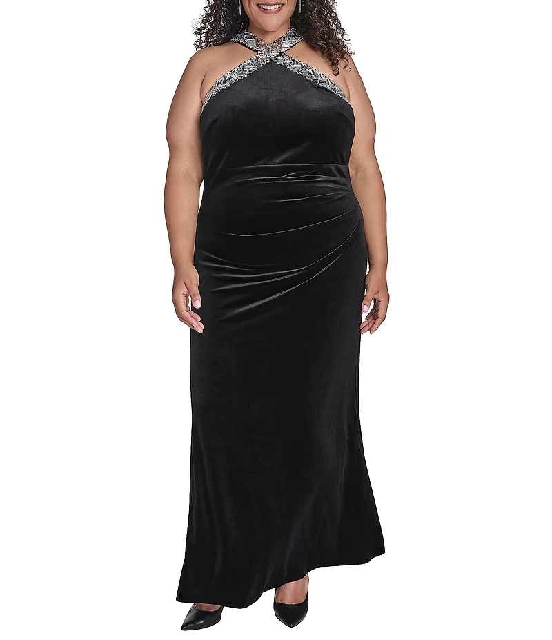 Eliza J Plus Size Stretch Velvet Embellish Halter Neck Sleeveless Gown