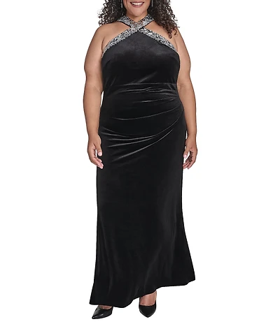 Eliza J Plus Size Stretch Velvet Embellish Halter Neck Sleeveless Gown