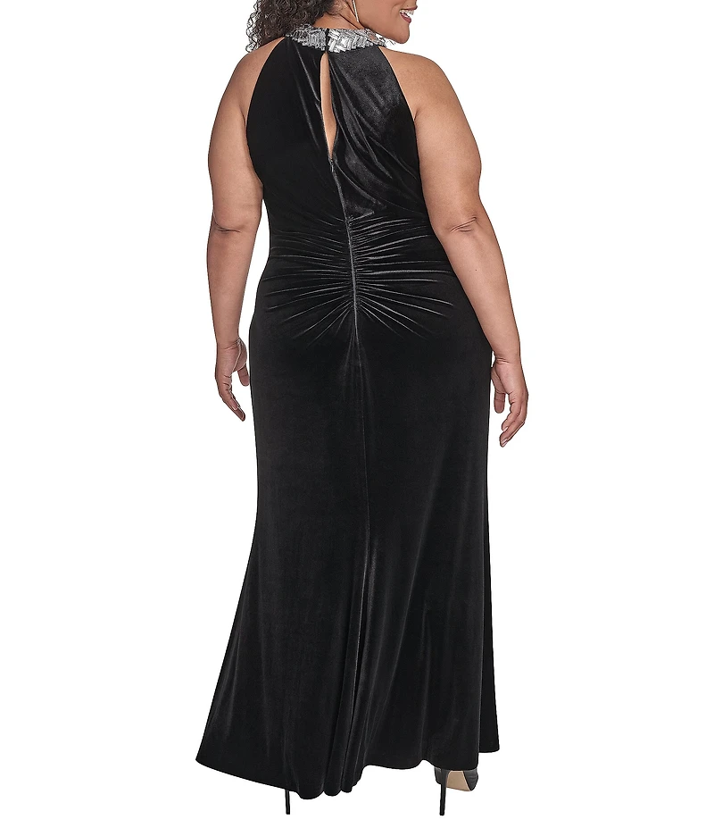 Eliza J Plus Size Stretch Velvet Embellish Halter Neck Sleeveless Gown
