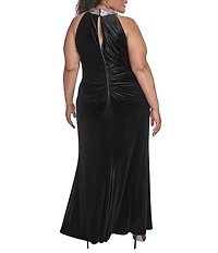 Eliza J Plus Size Stretch Velvet Embellish Halter Neck Sleeveless Gown