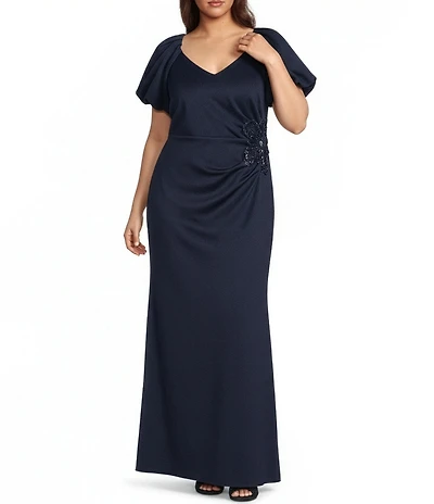 Eliza J Plus Size Techno Scuba V-Neck Short Puff Sleeve Beaded Sheath Gown