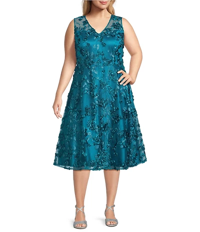 Eliza J Plus Size V-Neck 3D Floral Fit And Flare Midi Dress