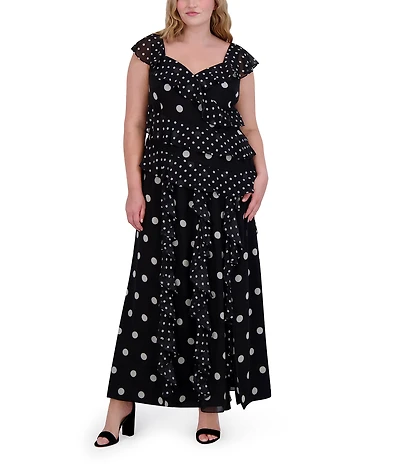 Eliza J Plus Size V Neck Flutter Sleeve Polka Dot Asymmetrical Ruffle Gown