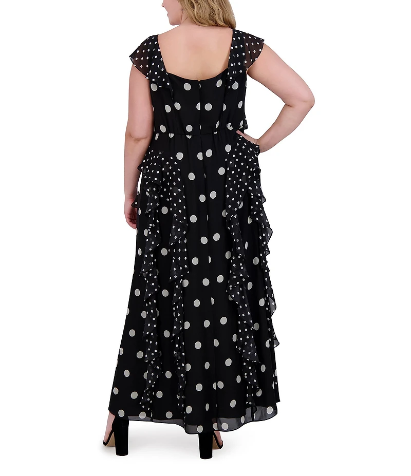 Eliza J Plus Size V Neck Flutter Sleeve Polka Dot Asymmetrical Ruffle Gown