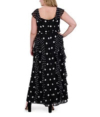 Eliza J Plus Size V Neck Flutter Sleeve Polka Dot Asymmetrical Ruffle Gown