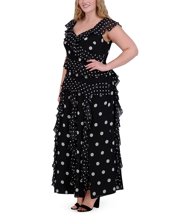 Eliza J Plus Size V Neck Flutter Sleeve Polka Dot Asymmetrical Ruffle Gown