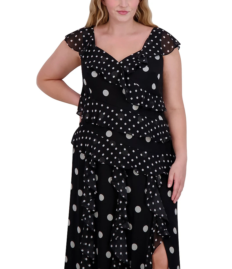 Eliza J Plus Size V Neck Flutter Sleeve Polka Dot Asymmetrical Ruffle Gown