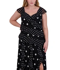Eliza J Plus Size V Neck Flutter Sleeve Polka Dot Asymmetrical Ruffle Gown