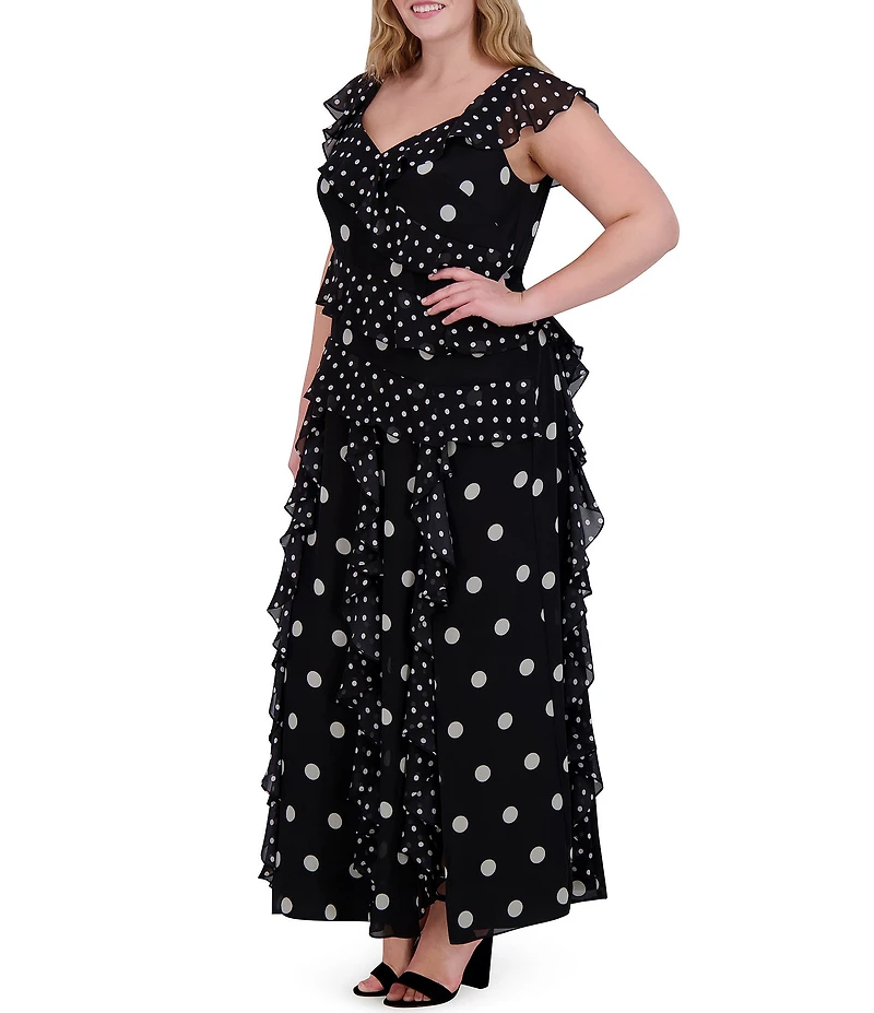Eliza J Plus Size V Neck Flutter Sleeve Polka Dot Asymmetrical Ruffle Gown