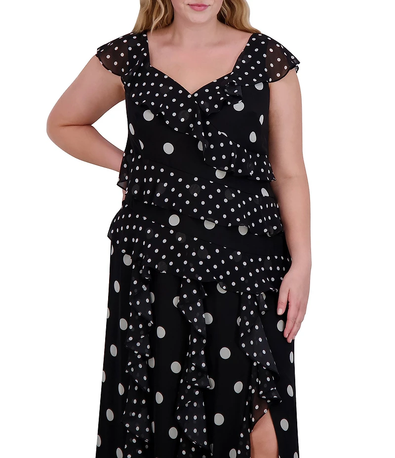 Eliza J Plus Size V Neck Flutter Sleeve Polka Dot Asymmetrical Ruffle Gown