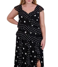 Eliza J Plus Size V Neck Flutter Sleeve Polka Dot Asymmetrical Ruffle Gown
