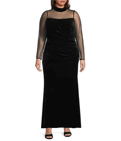Eliza J Plus Size Velvet Mesh Illusion Mock Neck Long Sleeve Waist Pleats Gown