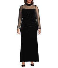 Eliza J Plus Size Velvet Mesh Illusion Mock Neck Long Sleeve Waist Pleats Gown