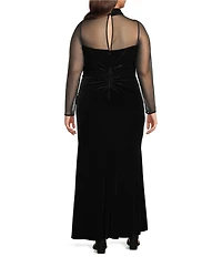 Eliza J Plus Size Velvet Mesh Illusion Mock Neck Long Sleeve Waist Pleats Gown