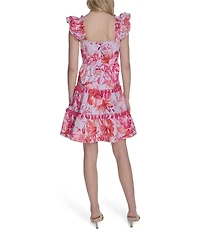 Eliza J Poplin Floral Print Square Neck Cap Sleeve Fit and Flare Mini Dress