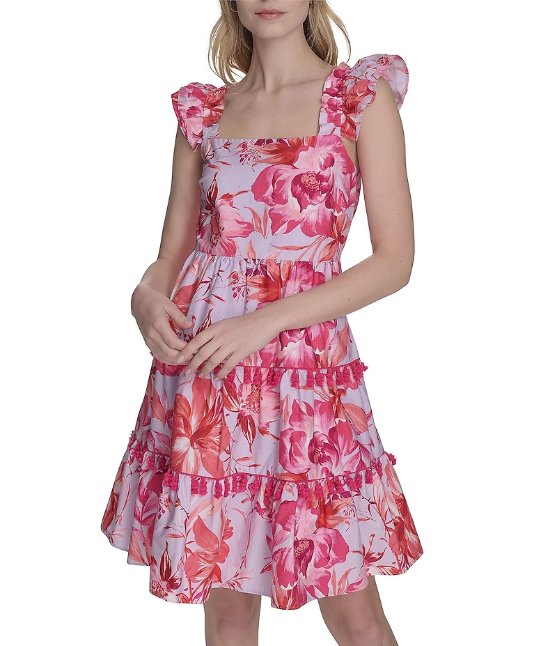 Eliza J Poplin Floral Print Square Neck Cap Sleeve Fit and Flare Mini Dress
