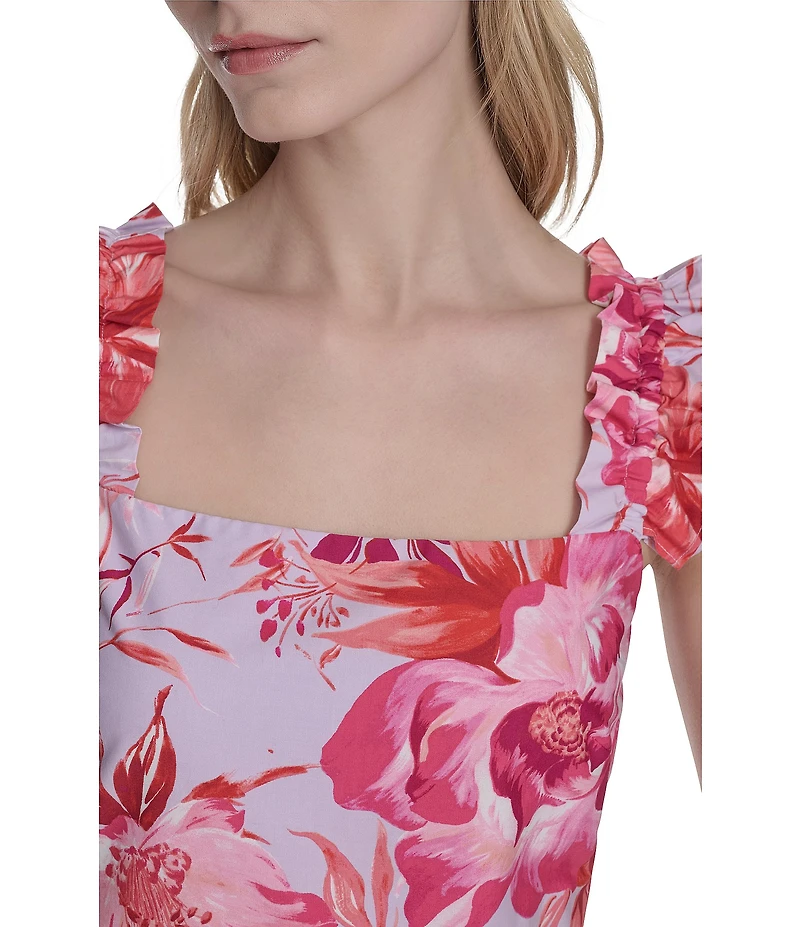 Eliza J Poplin Floral Print Square Neck Cap Sleeve Fit and Flare Mini Dress