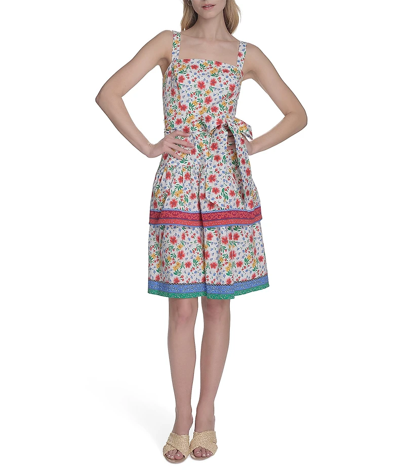 Eliza J Poplin Floral Print Square Neck Sleeveless Bow Tie Ruffle A-Line Dress