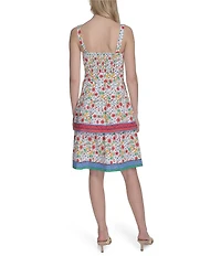 Eliza J Poplin Floral Print Square Neck Sleeveless Bow Tie Ruffle A-Line Dress