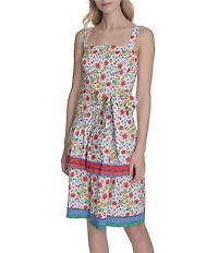 Eliza J Poplin Floral Print Square Neck Sleeveless Bow Tie Ruffle A-Line Dress