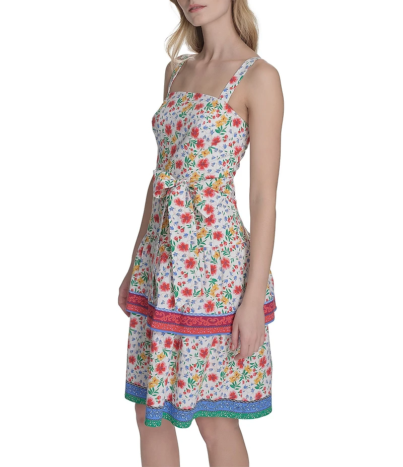 Eliza J Poplin Floral Print Square Neck Sleeveless Bow Tie Ruffle A-Line Dress