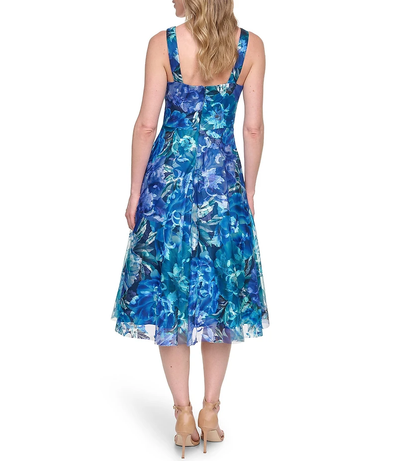 Eliza J Printed Sleeveless V Neck Fit and Flare Knee Length Dress