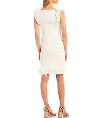 Eliza J Ruffle Shoulder Sleeveless Boat Neck Scuba Sheath Dress